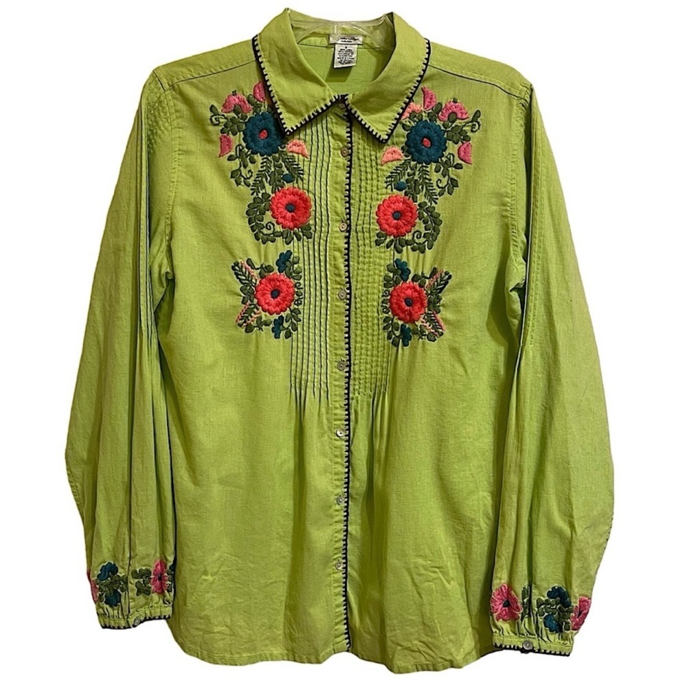 Tasha Polizzi Lime Green Embroidered Linen Cotton Long Sleeve Blouse Western S